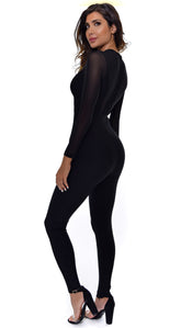 Gaetana Black Mesh Long Sleeve Bandage Jumpsuit